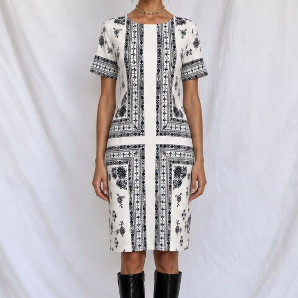 Vintage Y2K 90s White Blue Boho Floral Print Knee Length Shift Dress Size S/M